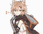  1girl animal_ear_fluff animal_ears arknights bangs brown_cape brown_hair cape closed_mouth commentary_request crop_top eyebrows_visible_through_hair fox_ears fox_girl hair_between_eyes hair_ornament hairclip hand_up highres hood hooded_cape light_smile looking_at_viewer mechanical_arms midriff orange_eyes short_hair simple_background single_mechanical_arm solo us_(ycas_sbr) vermeil_(arknights) white_background 