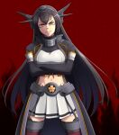  1girl black_hair breasts crossed_arms headgear highres jougenmushi kantai_collection large_breasts midriff miniskirt nagato_(kancolle) navel orange_eyes pleated_skirt red_background remodel_(kantai_collection) serious skirt solo 