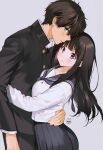  1boy 1girl artist_logo bangs black_hair black_skirt blush breasts brown_hair chitanda_eru closed_mouth commentary_request couple eyebrows_visible_through_hair gakuran green_eyes grey_background hand_on_another&#039;s_back height_difference highres hug hyouka long_hair long_sleeves medium_breasts mery_(yangmalgage) open_mouth oreki_houtarou pleated_skirt profile sailor_collar school_uniform serafuku shiny shiny_hair shirt short_hair signature simple_background skirt smile violet_eyes white_background white_shirt 