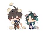  2boys ahoge animal animal_ears aqua_hair bangs bird black_hair brown_hair chibi chick closed_eyes dog_ears dog_tail facial_mark flying_sweatdrops forehead_mark genshin_impact gloves green_hair hair_between_eyes jacket jewelry long_hair makeup male_focus multicolored_hair multiple_boys open_mouth pants ponytail simple_background single_earring sweat tail waaaai_osushi white_background xiao_(genshin_impact) yellow_eyes zhongli_(genshin_impact) 