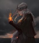  1girl artist_name bangs braid breasts brown_capelet brown_gloves capelet cloak clouds cloudy_sky commentary_request dark_souls_iii elbow_gloves fire fire_keeper flame gloves grey_hair hand_up holding_flame jiro_(ninetysix) long_braid long_hair medium_breasts outdoors parted_lips profile shiny shiny_skin signature sky solo souls_(from_software) 