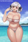  1girl bikini breasts cawfield flower girls_frontline hair_flower hair_ornament hair_ribbon island large_breasts midriff navel open_mouth patreon ribbon sky smile spas-12_(girls_frontline) strapless strapless_bikini swimsuit thighs twintails white_bikini white_hair 