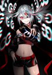  1girl bangs bare_shoulders belt black_background black_hair breasts can cowboy_shot crop_top cropped_jacket energy_drink eyepatch hair_between_eyes hair_ornament hand_on_hip highres holding holding_can long_hair long_sleeves midriff navel original power_symbol ram_(ramlabo) red_eyes shorts simple_background small_breasts smile solo standing stomach thigh-highs very_long_hair zettai_ryouiki 