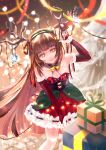  1girl absurdres bell box brown_hair christmas christmas_ornaments christmas_tree dress exorcist_miya fake_horns gift gift_box guardian_tales hair_ornament highres horns huge_filesize looking_down neck_bell qing_yoyo santa_costume smile solo 