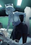  1boy 1girl book breasts ceiling_light desk ducpic fate/grand_order fate_(series) hand_on_hip highres id_card jeanne_d&#039;arc_(alter)_(fate) jeanne_d&#039;arc_(fate)_(all) lanyard messy_hair miniskirt mouse_(computer) office office_lady pantyhose paper short_hair skirt sweatdrop white_hair yellow_eyes 