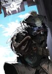  1other ambiguous_gender apex_legends bloodhound_(apex_legends) brown_gloves brown_jacket cable clouds commentary_request fur_trim gas_mask gloves goggles helmet highres jacket looking_down mask mouth_mask open_hand sky solo western_osakabe 