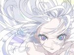  1girl bare_shoulders close-up collarbone commentary_request floating_hair goma_irasuto hair_behind_ear highres looking_at_viewer original parted_lips signature upper_body violet_eyes white_hair white_theme 