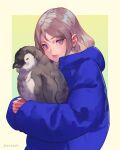  1girl animal animal_hug baby_penguin bangs blue_eyes brown_hair check_copyright closed_mouth copyright_request from_side highres holding holding_animal hood hood_down hug jacket jiro_(ninetysix) lips long_hair long_sleeves looking_at_viewer looking_to_the_side original puffy_sleeves solo twitter_username upper_body violet_eyes white_background yellow_background 