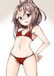 1girl asake_ameji ass_visible_through_thighs bikini brown_eyes collarbone commentary_request flat_chest gradient gradient_background grey_background grey_hair hand_on_hip high_ponytail kantai_collection long_hair looking_at_viewer red_bikini shaded_face simple_background solo standing swimsuit zuihou_(kancolle) 