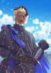  1boy :o absurdres beard belt black_cape black_gloves black_headwear blonde_hair blue_sky cape cck_(ops) clenched_hand confetti dark_skin dark_skinned_male day facial_hair gloves hat highres looking_at_viewer male_focus outdoors pixiv_fantasia pixiv_fantasia_mountain_of_heaven red_eyes scar scar_across_eye sheath sheathed sky solo standing sword verlis_geisler weapon 