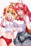  2girls ahoge animal_ear_fluff animal_ears bangs blonde_hair blush braid breasts buruma clothes_around_waist collared_shirt dress_shirt fate/extra fate/grand_order fate_(series) fox_ears fox_girl fox_tail french_braid green_eyes grey_skirt grin gym_uniform hair_between_eyes hair_bun hair_intakes headband highres large_breasts long_hair looking_at_viewer midriff mouth_hold multiple_girls name_tag navel nero_claudius_(fate) nero_claudius_(fate)_(all) olympian_bloomers one_eye_closed pink_hair plaid plaid_skirt red_headband sezoku shirt short_sleeves sidelocks skirt smile sweater sweater_around_waist tail tamamo_(fate)_(all) tamamo_no_mae_(fate) tied_shirt twintails white_shirt yellow_eyes 