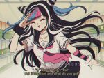  1990s_(style) 1girl bangs black_hair black_sailor_collar black_skirt closed_eyes commentary criis-chan dangan_ronpa_(series) dangan_ronpa_2:_goodbye_despair english_text eyebrows_visible_through_hair fang floating_hair hair_horns hand_up jewelry long_hair mioda_ibuki multicolored_hair neckerchief pink_hair retro_artstyle sailor_collar school_uniform scrunchie serafuku short_sleeves skirt smile solo subtitled teeth twitter_username upper_teeth wrist_scrunchie 