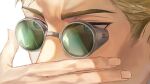  1boy artist_name blonde_hair blue_eyes close-up commentary covered_mouth english_commentary eye_focus fingernails green-tinted_eyewear grey-framed_eyewear hand_up highres jujutsu_kaisen male_focus nanami_kento oretsuu pince-nez round_eyewear short_hair solo sunglasses tinted_eyewear 