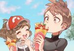  1boy 1girl bangs baseball_cap blush brown_hair cherry closed_eyes clouds commentary_request day eating elaine_(pokemon) eyelashes food food_on_face fruit hat holding open_mouth outdoors pokemon pokemon_(game) pokemon_lgpe sasairebun short_hair short_sleeves sky smile teeth tongue trace_(pokemon) |d 