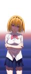  1girl angry arms_under_breasts bare_arms black_hairband blonde_hair blue_background blue_skirt bow bowtie breasts commentary_request cowboy_shot crossed_arms eyelashes glaring gradient gradient_background hairband highres higurashi_no_naku_koro_ni houjou_satoko large_breasts lower_teeth mana_(msmknt) older open_mouth pink_neckwear pleated_skirt red_background red_eyes shaded_face shirt short_hair short_sleeves skirt solo white_background white_shirt 
