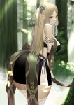  1girl arrow_(projectile) ass bangs bare_shoulders blonde_hair blurry blurry_background bow_(weapon) breasts butterfly_hair_ornament elf forest from_behind green_eyes hair_ornament highres large_breasts light_rays long_hair looking_back miniskirt nature open_mouth original parted_bangs pointy_ears quiver remomon0 side_ponytail sideboob sidelocks skirt solo sunbeam sunlight thigh-highs tree weapon white_legwear 