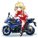  1girl blonde_hair blue_eyes blush boots brown_footwear chibi closed_mouth commentary commission english_commentary from_side gloves ground_vehicle hand_on_hip highres jacket leather leather_jacket looking_at_viewer medium_hair motor_vehicle motorcycle original pants red_gloves red_jacket red_pants ryusei_hashida signature smile solo wavy_mouth yamaha yzf-r25 