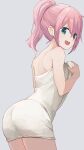  1girl :d bare_shoulders blue_eyes commentary_request grey_background hair_between_eyes highres hiroki_(yyqw7151) kagamihara_nadeshiko naked_towel open_mouth pink_hair ponytail short_hair simple_background smile solo thighs towel yurucamp 