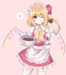  1girl ;q absurdres apron ascot bangs blonde_hair bowl chocolate_making cooking cowboy_shot eyebrows_visible_through_hair flandre_scarlet frilled_ascot frills headdress heart heart-shaped_pupils heart_wings highres holding holding_bowl holding_spatula licking_lips maid_headdress medium_hair one_eye_closed pink_background rainbow_order red_eyes red_skirt red_vest shirt simple_background skirt solo spatula spoken_heart standing subaru_(subachoco) symbol-shaped_pupils thigh-highs tongue tongue_out touhou valentine vest waist_apron white_apron white_legwear white_shirt wings yellow_neckwear 
