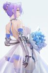  1girl absurdres ahoge arms_behind_back bangs bare_shoulders black_legwear blue_background blue_flower blue_rose bouquet breasts closed_mouth collar cowboy_shot dress flower frilled_legwear from_behind gauntlets hair_bun highres holding holding_bouquet huge_filesize looking_at_viewer looking_back medium_breasts original purple_hair red_eyes rose see-through short_hair shoulder_blades simple_background smile solo thigh-highs ttk_(kirinottk) white_dress 