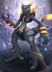  blue_eyes closed_mouth commentary_request full_body glowing gonzarez hand_up highres looking_at_viewer no_humans pokemon pokemon_(creature) shadow_mewtwo shiny solo standing toes 