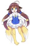  :d ahoge animal_ear_fluff animal_ears bangs barefoot blue_dress blue_eyes brown_hair child dress fangs fur furrification furry hair_ornament hair_scrunchie happy highres hinatsuru_ai long_hair long_sleeves looking_at_viewer mcsadat multiple_tails open_mouth puffy_short_sleeves puffy_sleeves ribbon ryuuou_no_oshigoto! scrunchie short_over_long_sleeves short_sleeves skirt smile tail twintails two_tails white_fur yellow_fur 