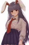  1girl animal_ears b_nosk101 bangs blunt_bangs blurry blush breasts closed_mouth collared_shirt cowboy_shot depth_of_field eyebrows_behind_hair highres light_smile long_hair necktie pleated_skirt purple_hair purple_skirt rabbit_ears red_eyes red_neckwear reisen_udongein_inaba shirt simple_background skirt small_breasts solo touhou very_long_hair white_background white_shirt 