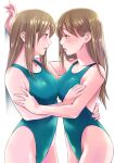  2girls absurdres asymmetrical_docking blue_swimsuit breast_press brown_eyes brown_hair collarbone commentary_request competition_swimsuit cowboy_shot eye_contact hair_ornament hairclip highres lips long_hair looking_at_another macosee multiple_girls one-piece_swimsuit original swimsuit white_background yuri 
