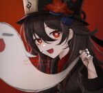  1girl bangs black_headwear black_nails brown_hair chinese_clothes flower flower-shaped_pupils genshin_impact hat hat_flower highres hu_tao jewelry long_hair looking_at_viewer nemui_iro7 red_eyes ring smile solo symbol-shaped_pupils upper_body 