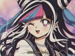  1990s_(style) 1girl bangs black_hair blue_hair blush character_name collarbone commentary criis-chan dangan_ronpa_(series) dangan_ronpa_2:_goodbye_despair ear_piercing eyebrows_visible_through_hair fang hair_horns long_hair looking_at_viewer mioda_ibuki multicolored_hair one_eye_closed open_mouth piercing pink_eyes pink_hair retro_artstyle school_uniform smile solo twitter_username two-tone_hair upper_teeth white_hair 