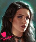 1girl absurdres black_hair choker eyebrows highres jess_(jess4400) lips lipstick long_hair looking_at_viewer makeup nose portrait realistic solo_focus the_witcher the_witcher_3 violet_eyes wavy_hair yennefer 
