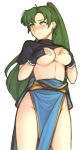  1girl absurdres bare_legs breasts covering covering_breasts earrings embarrassed fingerless_gloves fire_emblem fire_emblem:_the_blazing_blade gloves green_eyes green_hair highres jewelry large_breasts long_hair looking_away lyn_(fire_emblem) pelvic_curtain ponytail shirt_lift simple_background transparent_background tridisart 