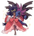  1girl ;d bangs big_hair bow commentary_request dark_skin dark-skinned_female dress eyelashes gen_5_pokemon hair_tie hydreigon iris_(pokemon) long_hair long_sleeves one_eye_closed open_mouth outstretched_arms pokemon pokemon_(creature) pokemon_(game) pokemon_bw2 sagemaru-br sandals signature smile star_(symbol) teeth tiara tied_hair toes tongue wide_sleeves 