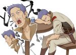  1boy blue_hair can clenched_hand closed_eyes drunk emma_(transformersera) facial_hair grey_eyes kan_yu leaning_on_table looking_ahead looking_up male_focus military military_uniform multiple_views mustache open_hand open_mouth soukou_kihei_votoms uniform white_background 