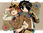  1boy 1girl adjusting_goggles adjusting_scarf ahoge back-to-back belt black_hair blue_scarf brown_background brown_gloves brown_jacket brown_vest chinese_commentary commentary_request corset emma_(yakusoku_no_neverland) fork gears gloves goggles goggles_on_head green_eyes grey_eyes hair_over_one_eye jacket jiyuu_(xjuyux) knife letterboxed locked_arms long_sleeves necktie open_clothes open_jacket open_mouth orange_hair pouch ray_(yakusoku_no_neverland) red_neckwear scarf short_hair smile steampunk striped striped_vest twitter_username upper_teeth vest wavy_hair yakusoku_no_neverland 