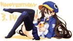  1girl blue_headwear blue_legwear blue_skirt brown_eyes brown_hair disgaea food full_body happy_birthday hat iwashi_dorobou_-r- jacket kazamatsuri_fuuka long_hair makai_senki_disgaea_4 navel no_shoes open_mouth pleated_skirt pocky sailor_collar skirt smile thigh-highs track_jacket twintails very_long_hair 