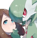  2girls bangs blue_eyes bob_cut brown_hair chikichi closed_mouth colored_skin commentary_request face gardevoir gen_3_pokemon green_hair green_skin hair_over_one_eye hand_on_another&#039;s_chin hand_up light_blush looking_at_another looking_to_the_side looking_up may_(pokemon) medium_hair multicolored multicolored_skin multiple_girls pokemon pokemon_(creature) pokemon_(game) pokemon_rse short_hair sidelocks simple_background sketch two-tone_skin upper_body white_background white_skin yuri 