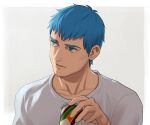  1boy blue_eyes blue_hair can casual chirico_cuvie collarbone emma_(transformersera) hair_behind_ear holding holding_can leaning_forward looking_up male_focus shirt solo soukou_kihei_votoms upper_body white_shirt 