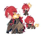  1boy 1other annoyed antenna_hair black_jacket black_neckwear chibi closed_eyes cropped_torso diluc_(genshin_impact) full_body genshin_impact highres jacket long_hair multiple_views necktie open_clothes open_jacket ponytail profile red_eyes redhead seelie_(genshin_impact) shirt simple_background sitting sleeping waaaai_osushi white_background white_shirt 