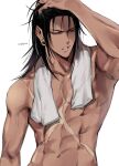  1boy abs absurdres arm_up black_hair collarbone ear_piercing getou_suguru hand_on_own_head highres jujutsu_kaisen long_hair looking_away male_focus parted_lips piercing scar scar_on_chest shirtless simple_background solo soojaeng towel towel_around_neck twitter_username upper_body white_background 