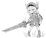  1girl ahoge backpack bag boots ddari dress genshin_impact gloves greyscale hair_between_eyes hat hat_feather highres holding holding_sword holding_weapon klee_(genshin_impact) long_sleeves looking_at_viewer monochrome simple_background solo standing sword weapon white_background 