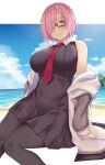  1girl arind_yudha bangs beach black_dress black_legwear blue_sky breasts dress fate/grand_order fate_(series) glasses grey_jacket hair_over_one_eye highres jacket large_breasts light_purple_hair long_sleeves looking_at_viewer mash_kyrielight necktie open_clothes open_jacket pantyhose shore short_hair sky smile thighs violet_eyes 