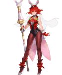  1girl breasts bunny_tail capelet fire_emblem fire_emblem:_mystery_of_the_emblem fire_emblem_heroes full_body gloves hat high_heels highres leotard mayo_(becky2006) medium_breasts minerva_(fire_emblem) mini_hat official_art pantyhose polearm red_eyes redhead shiny shiny_hair short_hair sleeveless smile solo tail transparent_background weapon white_gloves 
