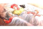  1girl 3boys artist_name barefoot bed_sheet border cale_henituse child dated dragon drooling eyor_kr female_child grey_hair highres hong_(lout_of_count&#039;s_family) korean_commentary light_rays long_hair long_sleeves lout_of_count&#039;s_family lying male_child multiple_boys ohn_(lout_of_count&#039;s_family) on_back on_stomach pajamas pillow raon_miru red_pajamas redhead short_hair signature sleeping sunbeam sunlight western_dragon yellow_pajamas 