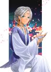  1girl blue_eyes braid bridal_gauntlets cck_(ops) circlet dark_skin dark-skinned_female dress earrings grey_hair jewelry long_sleeves looking_at_viewer neck_ring pixiv_fantasia pixiv_fantasia_age_of_starlight sidelocks sitting wide_sleeves 