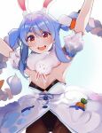  1girl animal_ear_fluff animal_ears arm_up armpits bangs black_leotard blue_hair bow braid breasts brown_legwear bunny-shaped_pupils carrot carrot_hair_ornament covered_navel detached_sleeves don-chan_(usada_pekora) dress eyebrows_visible_through_hair food_themed_hair_ornament full_body fur-trimmed_dress fur_scarf fur_trim hair_between_eyes hair_bow hair_ornament highres hololive leotard long_hair looking_at_viewer multicolored_hair open_mouth orange_eyes orangexdrop outstretched_arm pantyhose pocket pom_pom_(clothes) puffy_short_sleeves puffy_sleeves rabbit_ears rabbit_girl shiny shiny_clothes shiny_hair short_dress short_eyebrows short_sleeves simple_background sleeveless sleeveless_dress solo thick_eyebrows twin_braids two-tone_hair upper_teeth usada_pekora virtual_youtuber white_background white_bow white_dress white_hair 