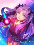  1girl bangs blue_hair bodysuit breasts cloak facial_mark fate/grand_order fate_(series) forehead_mark fur-trimmed_cloak fur_trim hair_ribbon highres horns ishtar_(fate)_(all) long_hair looking_at_viewer medium_breasts multicolored_hair open_mouth orb parted_bangs pink_hair red_bodysuit red_cloak ribbon rokuo016 smile space_ishtar_(fate) symbol-shaped_pupils two-tone_hair two_side_up yellow_eyes 