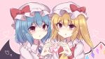  2girls ascot bangs bat_wings blonde_hair blue_hair blush bow eyebrows_visible_through_hair flandre_scarlet hair_between_eyes hat hat_bow heart heart_hands heart_hands_duo highres looking_at_viewer medium_hair mob_cap multiple_girls open_mouth pink_background pink_headwear pink_shirt rainbow red_bow red_eyes red_shirt remilia_scarlet shirt short_hair short_sleeves side_ponytail simple_background subaru_(subachoco) touhou upper_body wings wrist_cuffs yellow_neckwear 