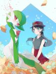  2girls arched_back bangs bare_shoulders black_hair black_shirt blue_background blue_eyes blush bob_cut breasts chikichi closed_mouth collared_shirt colored_skin commentary_request flat_chest flower gardevoir gen_3_pokemon green_hair green_skin hair_over_one_eye hands_together happy hat highres long_hair looking_at_viewer looking_to_the_side multicolored multicolored_skin multiple_girls open_mouth orange_flower petals pleated_skirt pokemon pokemon_(creature) pokemon_(game) pokemon_xy porkpie_hat red_headwear red_skirt serena_(pokemon) shirt shirt_tucked_in short_hair skirt sleeveless sleeveless_shirt small_breasts smile standing star_(symbol) swept_bangs tied_hair two-tone_skin v_arms white_skin 