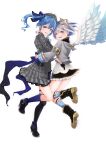  2girls amane_kanata angel_wings asymmetrical_legwear bangs black_gloves black_legwear black_skirt blue_eyes blue_hair blue_legwear commentary_request eyebrows_visible_through_hair fingerless_gloves gloves grey_jacket grey_skirt hair_between_eyes high_heels highres hololive hoshimachi_suisei hug jacket looking_at_viewer medium_hair multiple_girls one_side_up open_mouth plaid plaid_headwear plaid_jacket plaid_skirt short_hair sidelocks simple_background skirt soregashi_nosuke virtual_youtuber white_background white_jacket wings 